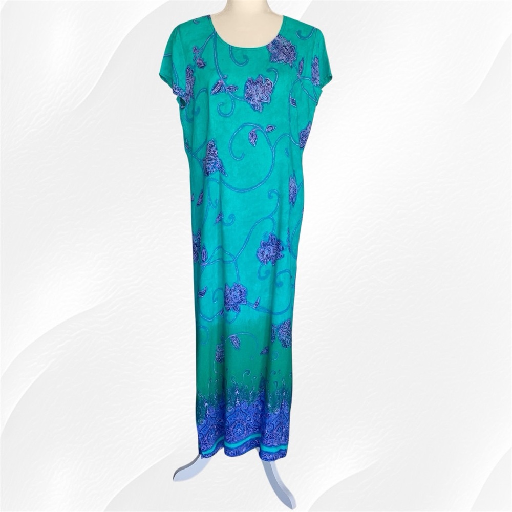 Vibrant Teal Maxi Dress with Purple Floral Design